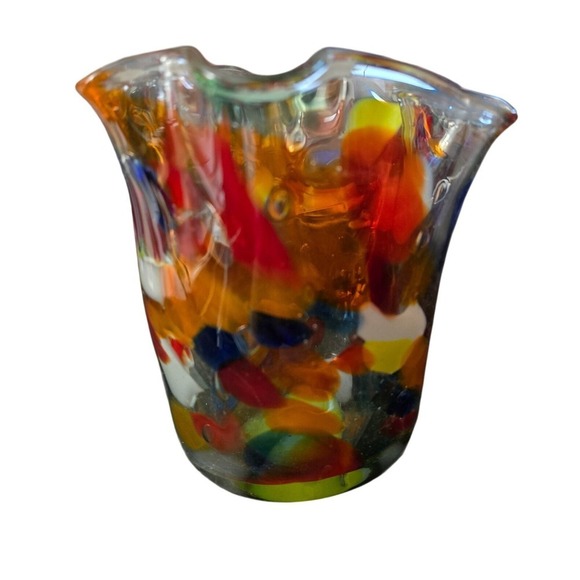 Other - Art Glass Handkerchief Vase Hand Blown‎ Confetti Multi Color Ruffled Rim 4.5in